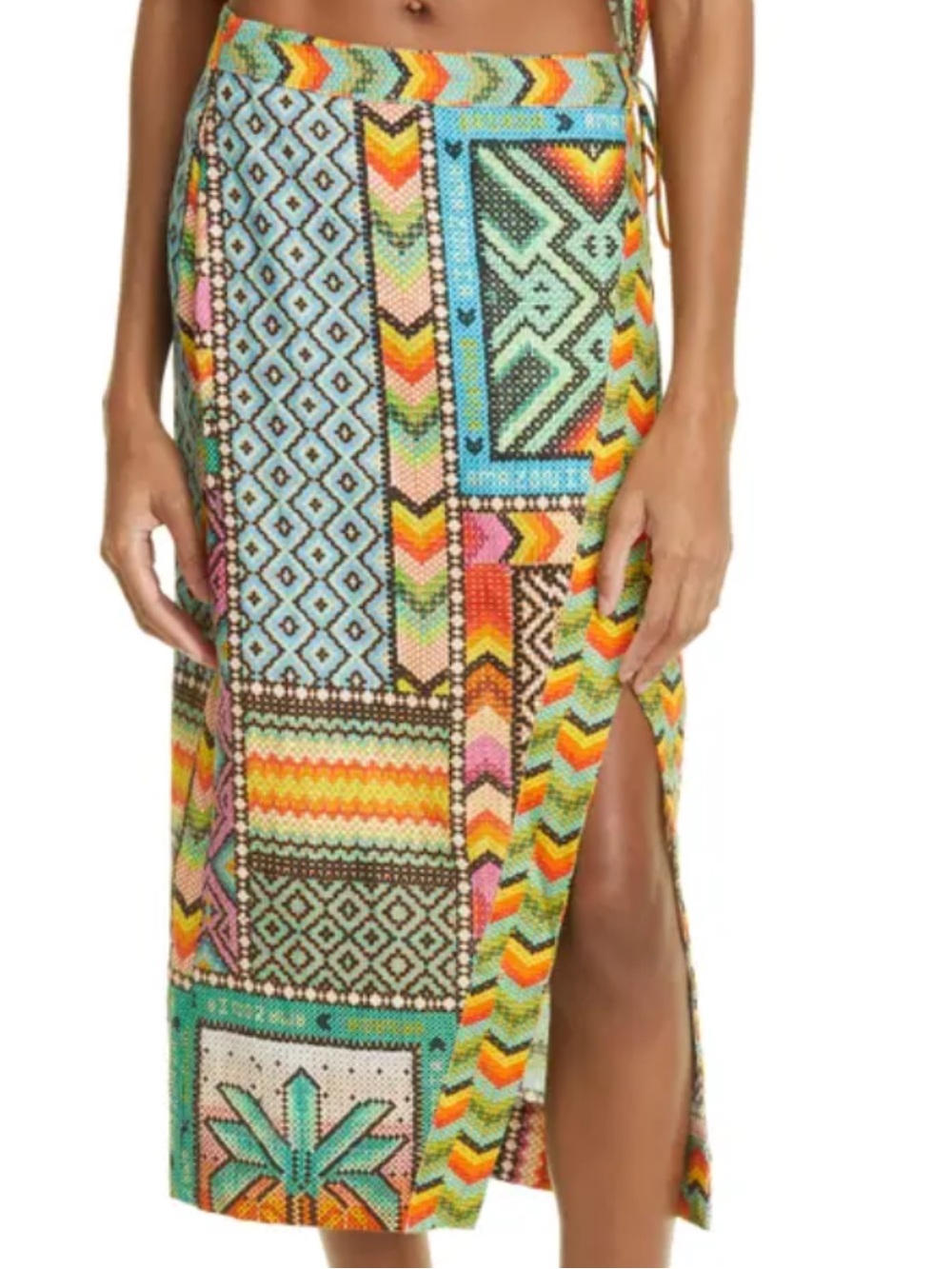 FARM Rio Multicolor Beaded Patchwork Wrap Skirt